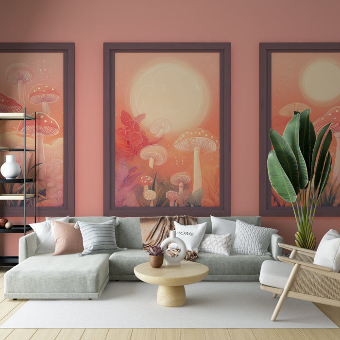Un salon moderne avec un papier peint illustrant des champignons stylisés et un soleil doux sur un fond rose, créant une atmosphère chaleureuse et féerique.