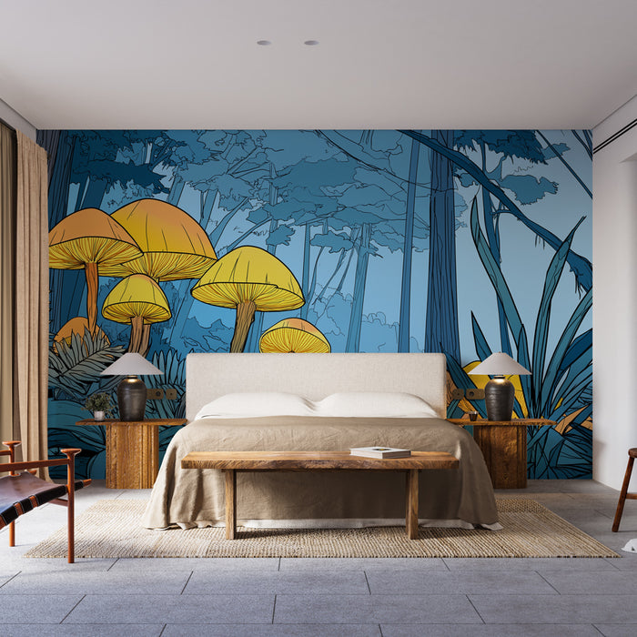 Une chambre moderne avec un papier peint illustrant des champignons jaunes sur fond bleu, créant une ambiance naturelle et artistique.