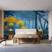 Une chambre moderne avec un papier peint illustrant des champignons jaunes sur fond bleu, créant une ambiance naturelle et artistique.