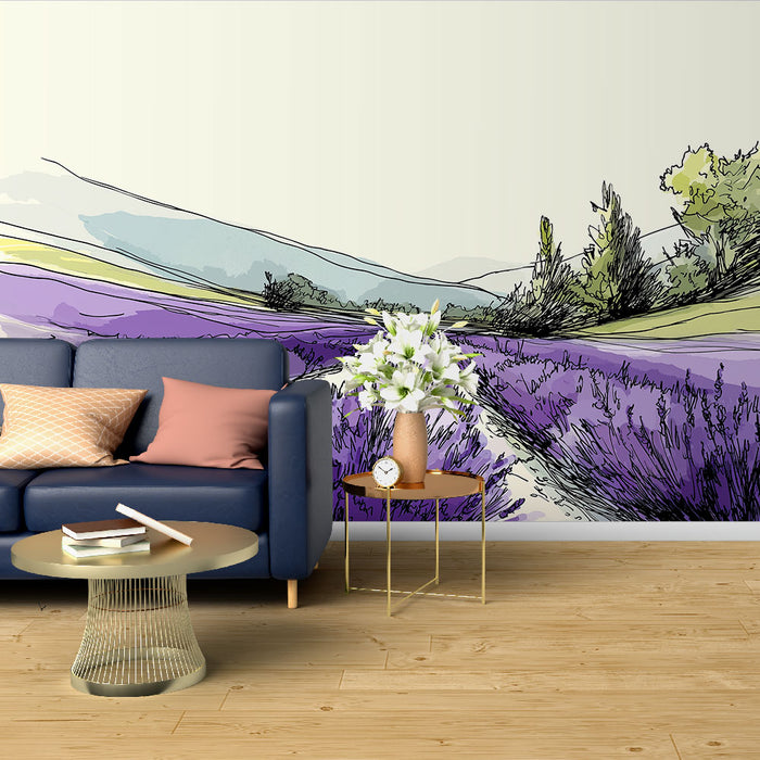Un salon moderne avec un papier peint illustratif représentant des champs de lavande et des collines, créant une atmosphère apaisante et bucolique.
