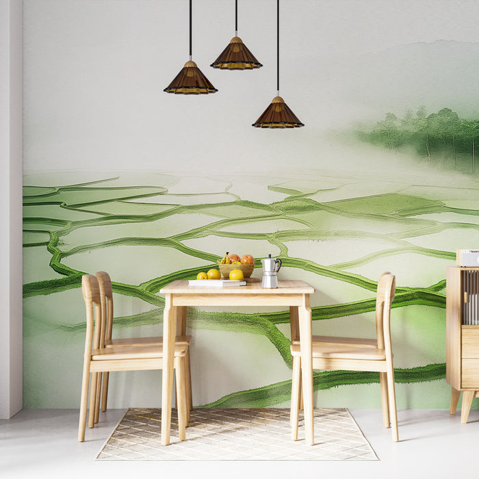 Papier peint paysage de rizières verdoyantes dans la brume pour salle à manger moderne.