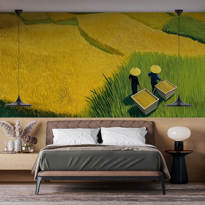 Papier peint paysage rural vibrant avec champs de riz en jaune et vert pour chambre moderne.