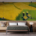 Papier peint paysage rural vibrant avec champs de riz en jaune et vert pour chambre moderne.