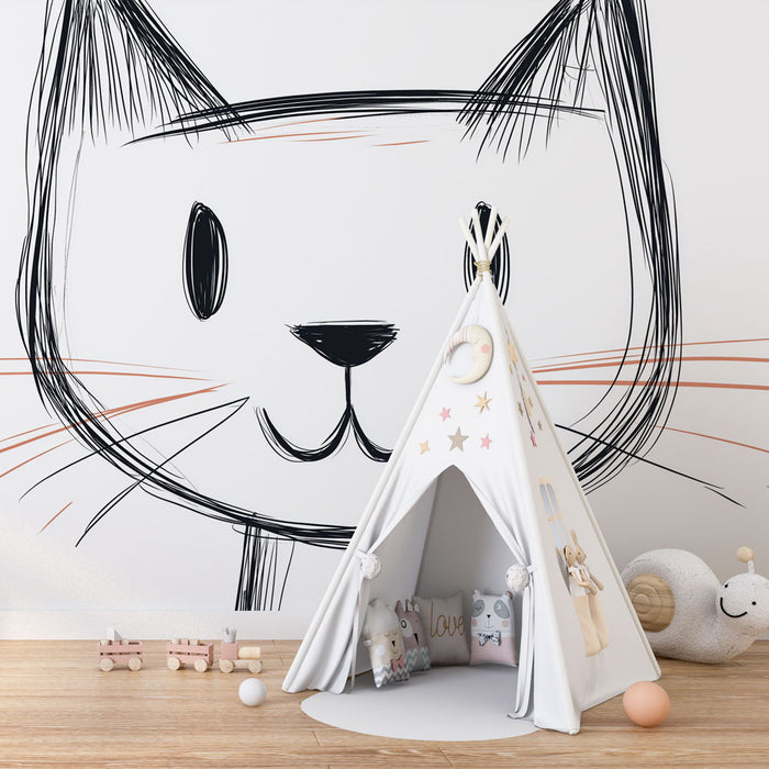Papier peint chat dessin | Illustration minimaliste d'un chat souriant
