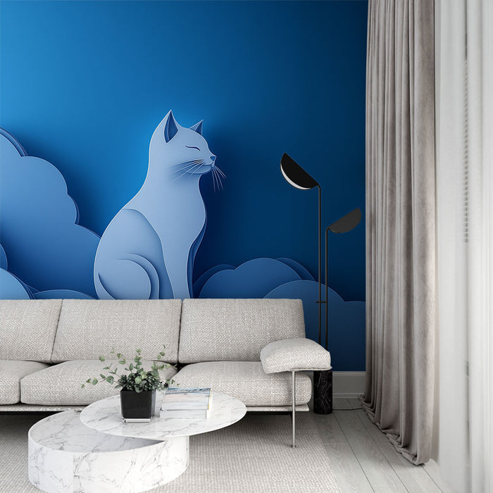 Papier peint chat en papier | Chat stylisé sur un fond de nuages bleus