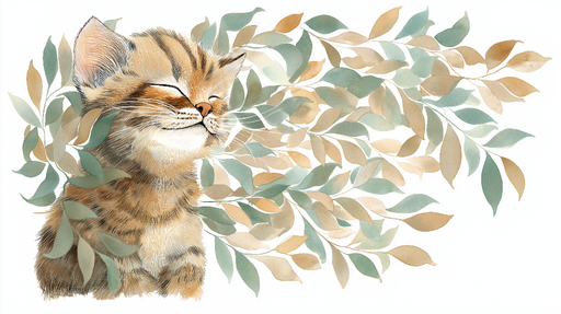 Papier peint chat et feuillage Un chaton souriant entouré de feuilles délicates