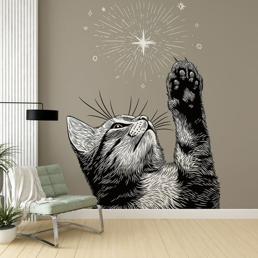 Une pièce moderne avec un papier peint illustrant un chat stylisé en noir et blanc, captivant l’attention avec une ambiance ludique et artistique.