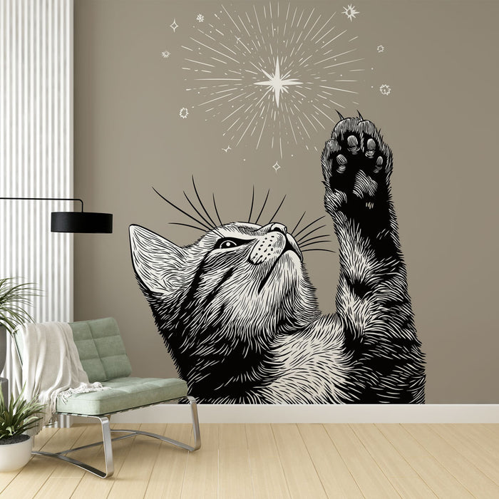Une pièce moderne avec un papier peint illustrant un chat stylisé en noir et blanc, captivant l’attention avec une ambiance ludique et artistique.