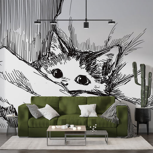 Un salon moderne avec un papier peint illustratif représentant un chat aux grands yeux, créant une ambiance chaleureuse et artistique.
