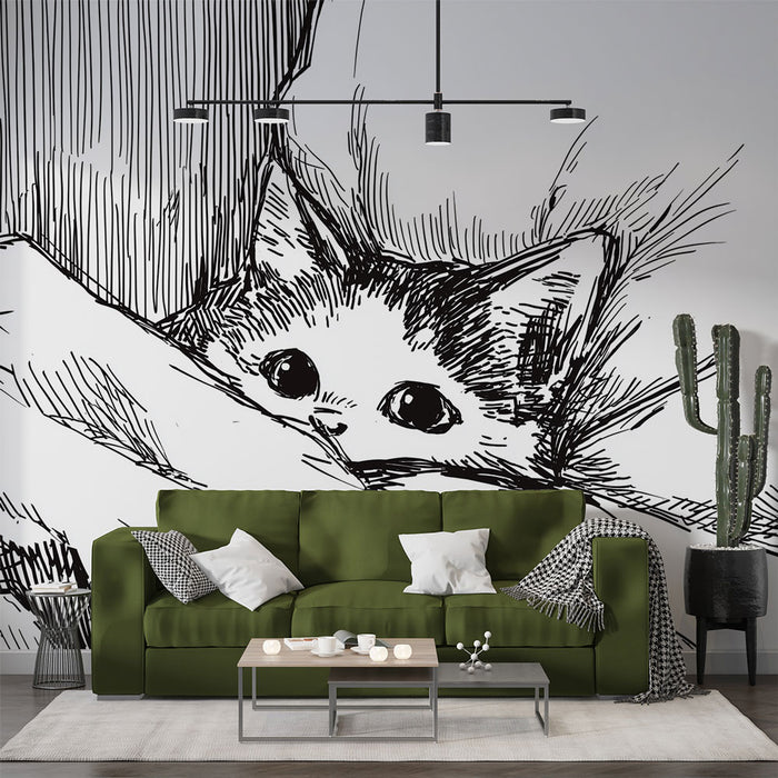 Un salon moderne avec un papier peint illustratif représentant un chat aux grands yeux, créant une ambiance chaleureuse et artistique.