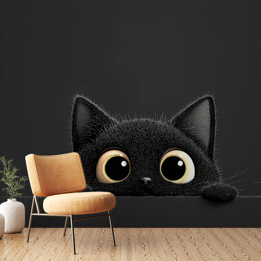 Une chambre moderne avec un papier peint représentant un adorable chat noir aux grands yeux, créant une ambiance ludique et chaleureuse.