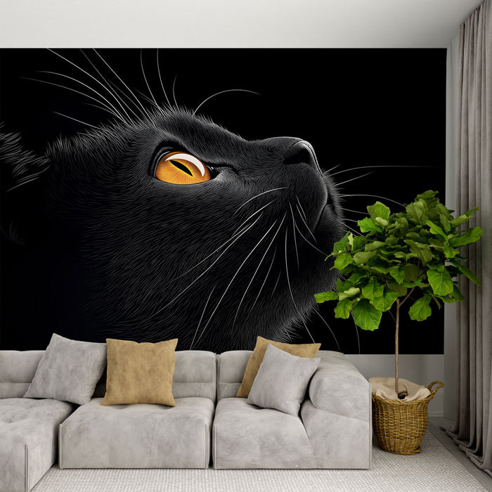 Papier peint chat noir | Portrait artistique d'un chat noir aux yeux orange