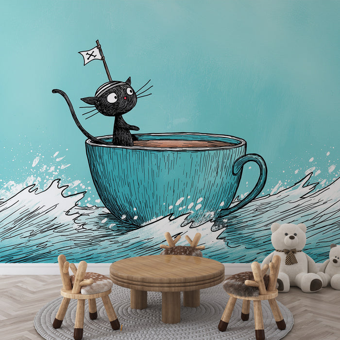 Une chambre d'enfant avec un papier peint ludique représentant un chat noir dans une tasse turquoise naviguant sur des vagues, créant une ambiance joyeuse et imaginative.