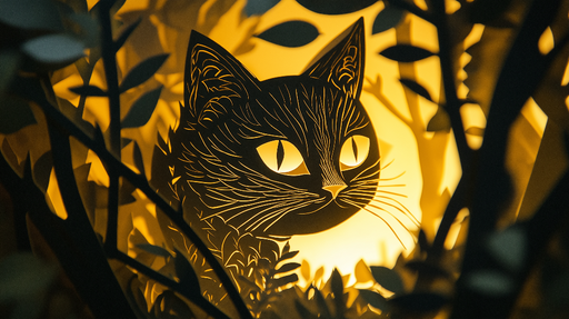 Papier peint chat Silhouette féline en papier découpé illuminée