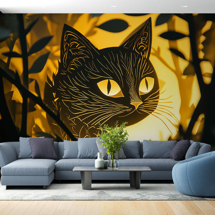 Papier peint silhouette féline illuminée avec motif de chat pour salon moderne