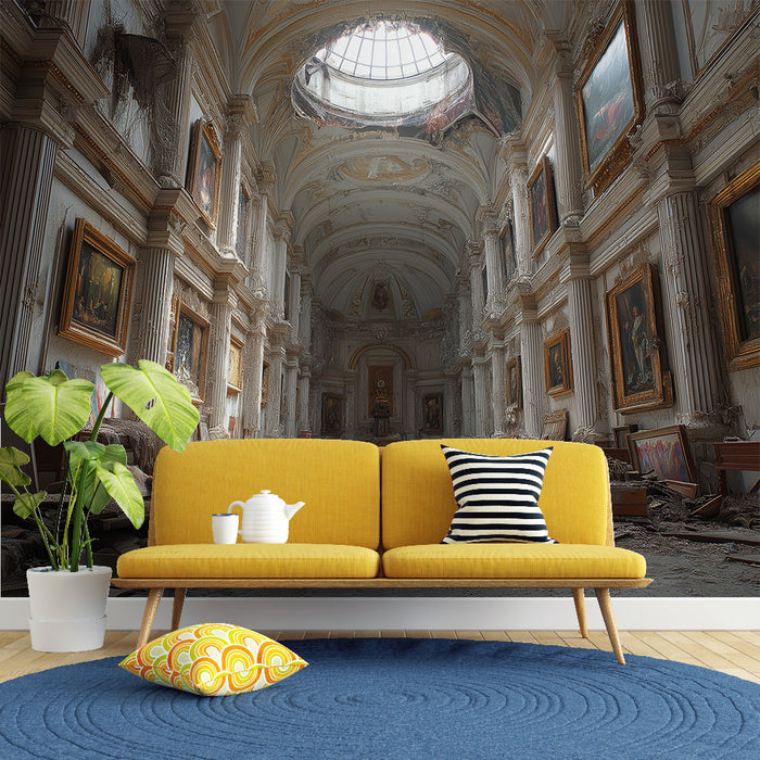 Une pièce de salon avec un papier peint représentant un intérieur baroque en ruine, évoquant une atmosphère mélancolique et historique, agrémenté de détails artistiques.