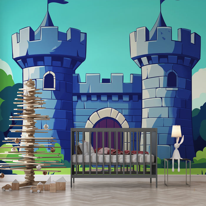 Papier peint château | Château animé stylisé entouré de verdure