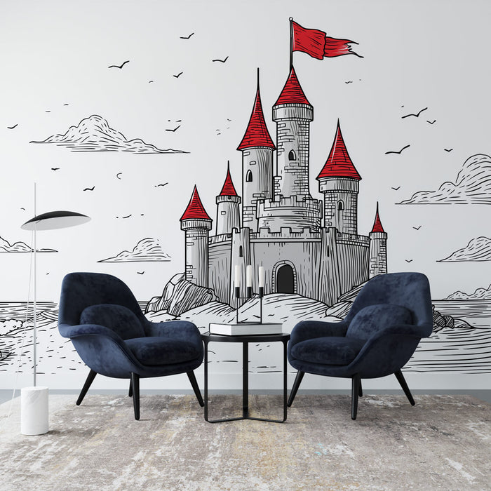 Un salon contemporain avec un papier peint illustratif représentant un château médiéval aux toits rouges, créant une ambiance ludique et imaginative.