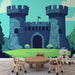 Papier peint château médiéval stylisé entouré de verdure pour chambre d'enfant.