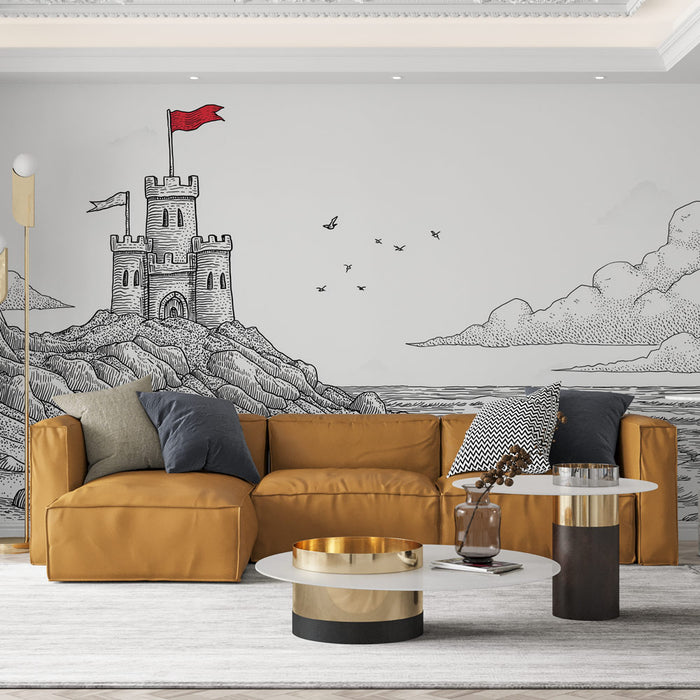 Un salon moderne avec un papier peint illustratif représentant un château sur une falaise, évoquant une ambiance artistique et rêveuse.