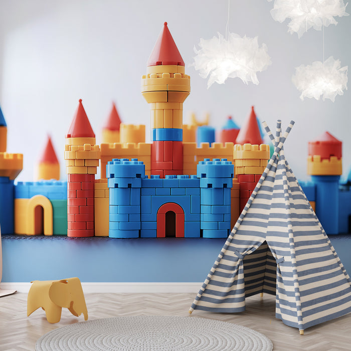 Papier peint château en blocs de construction | Château coloré en blocs pour enfants