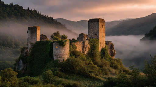 Papier peint château en ruine Château médiéval embrassé par la nature et la brume