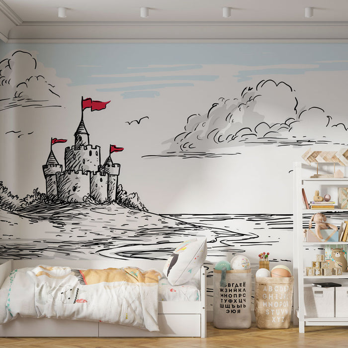 Une chambre d'enfant avec un papier peint illustrant un château en bord de mer, aux lignes dessinées en noir et rouge, créant une ambiance ludique et imaginative.