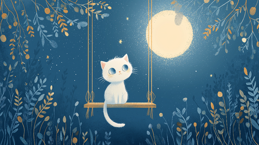 Papier peint chaton sous la lune Chat blanc assis sur une balançoire sous un ciel nocturne étoilé