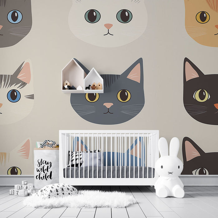 Papier peint chats colorés | Têtes de chats stylisées aux couleurs variées