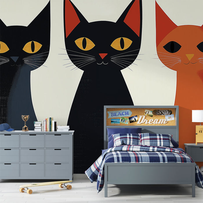 Papier peint chats graphiques | Motif stylisé de trois chats colorés