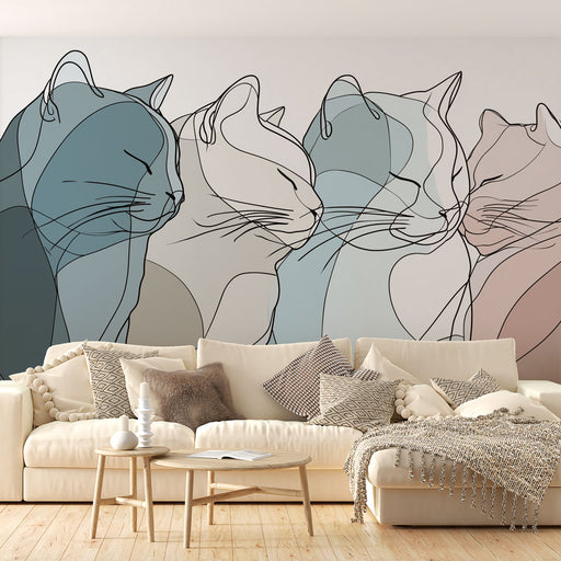 Un salon contemporain avec un papier peint artistique représentant des silhouettes de chats aux lignes minimalistes et aux teintes douces, créant une atmosphère apaisante et chaleureuse.