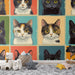 Une chambre enfantine avec un papier peint ludique représentant des portraits de chats colorés sur fond pastel, créant une atmosphère joyeuse et amusante.