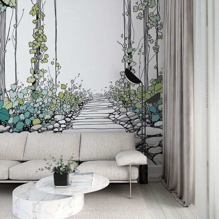Un salon moderne avec un papier peint illustrant un chemin de pierres bordé de feuillage stylisé, créant une atmosphère apaisante et naturelle.