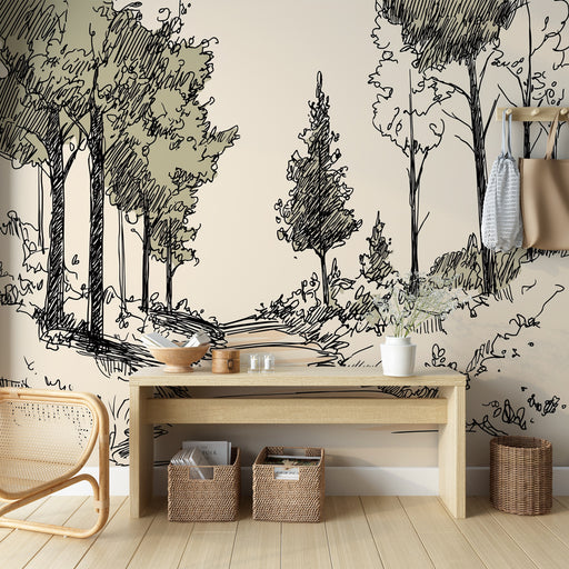 Une pièce lumineuse avec un papier peint illustratif représentant des arbres en noir et blanc sur un fond beige, créant une ambiance naturelle et apaisante.