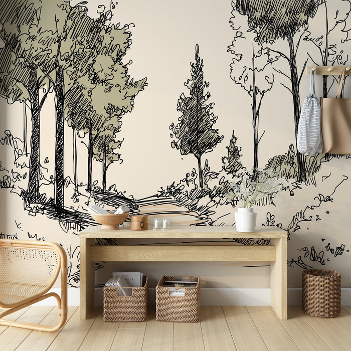 Une pièce lumineuse avec un papier peint illustratif représentant des arbres en noir et blanc sur un fond beige, créant une ambiance naturelle et apaisante.
