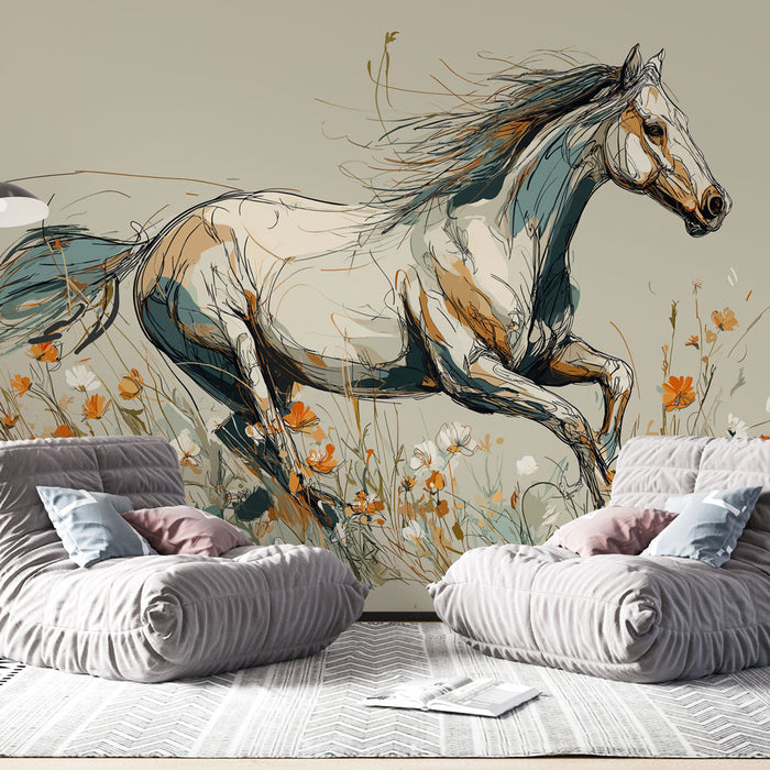 Une pièce moderne avec un papier peint illustrant un cheval en mouvement parmi des fleurs colorées, créant une atmosphère dynamique et artistique.