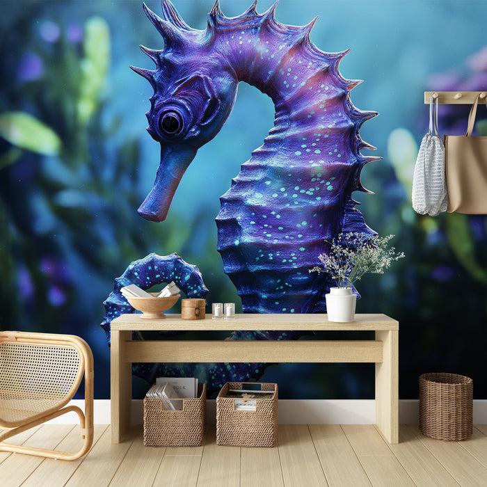 Papier peint marin avec cheval de mer coloré dans un environnement aquatique pour décoration murale moderne.