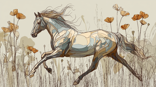 Papier peint cheval Un cheval stylisé au milieu de fleurs délicates