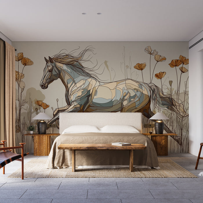 Une chambre moderne avec un papier peint artistique représentant un cheval stylisé aux teintes douces et des fleurs aux nuances orangées, créant une ambiance sereine et inspirante.