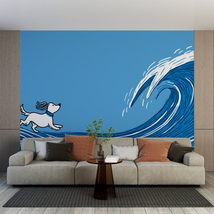 Un salon moderne avec un papier peint bleu vif illustrant un chien courant devant une grande vague stylisée, créant une ambiance joyeuse et dynamique.