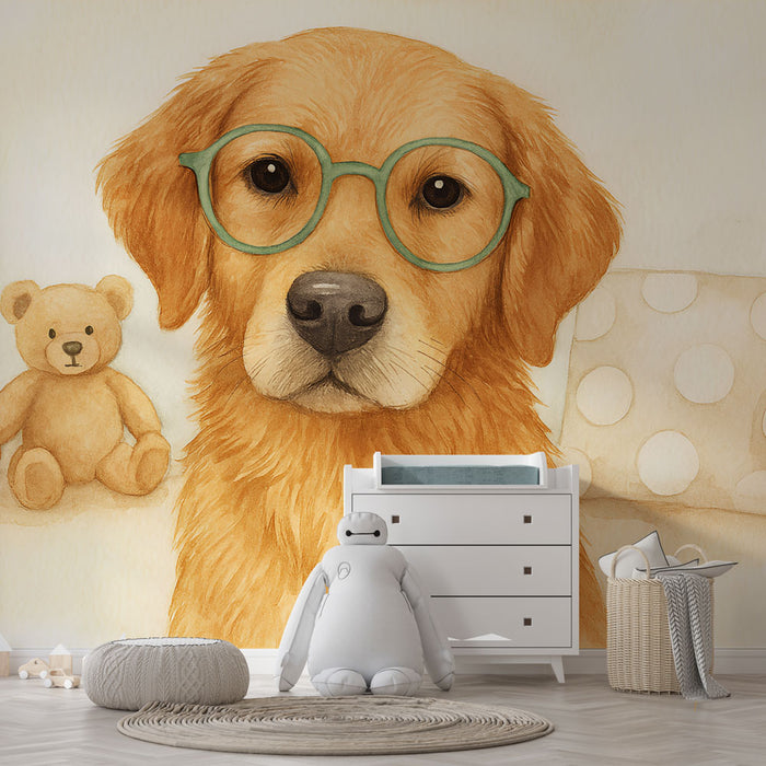 Une chambre d'enfant avec un papier peint illustrant un chien doré portant des lunettes, créant une ambiance ludique et chaleureuse.