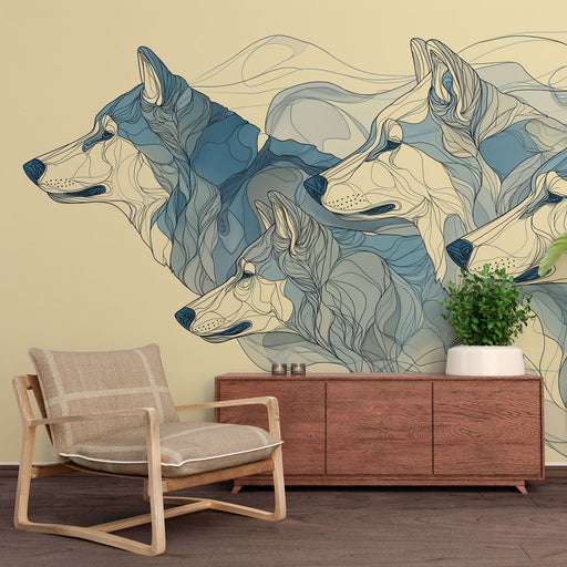 Une pièce moderne avec un papier peint illustrant des têtes de chiens stylisées en bleu et beige sur fond clair, créant une ambiance artistique et apaisante.
