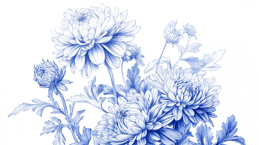 Papier peint chrysanthèmes bleus Fleurs détaillées sur fond blanc