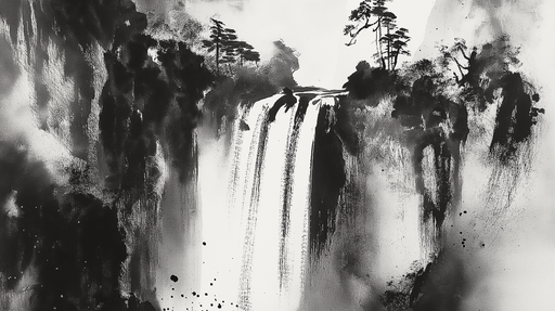 Papier peint chute d'eau Illustration en noir et blanc d'une cascade surplombée par des arbres