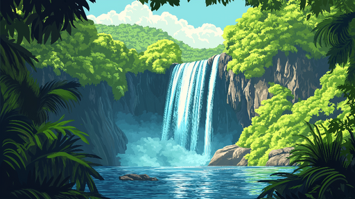 Papier peint chute d'eau Un paysage tropical avec cascade et végétation luxuriante