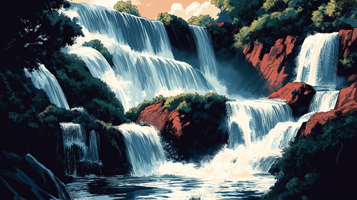 Papier peint chutes d'eau Cascade majestueuse entreroches rouges et feuillage luxuriant