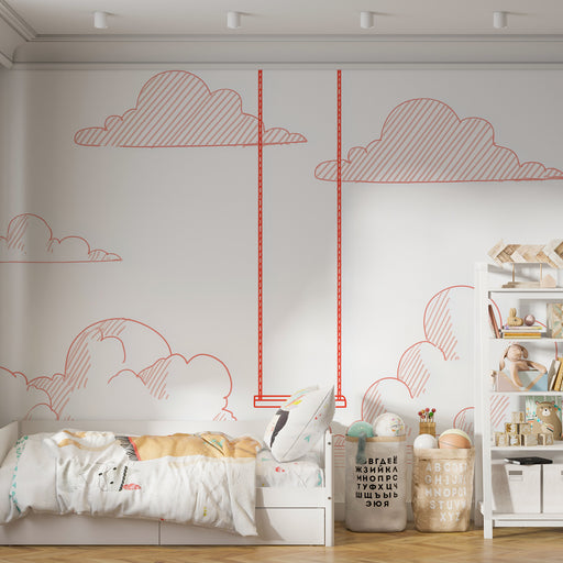 Une chambre enfantine avec un papier peint illustrant des nuages stylisés en rouge sur fond blanc, créant une atmosphère ludique et aérienne.