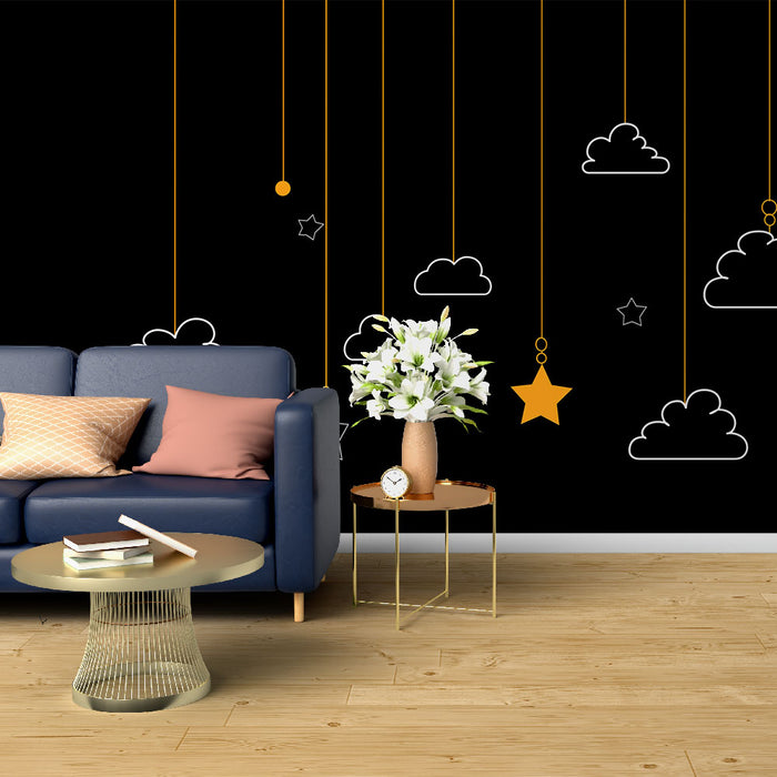 Un salon moderne avec un papier peint noir illustré de nuages et d'étoiles blanches et dorées, créant une atmosphère ludique et apaisante.