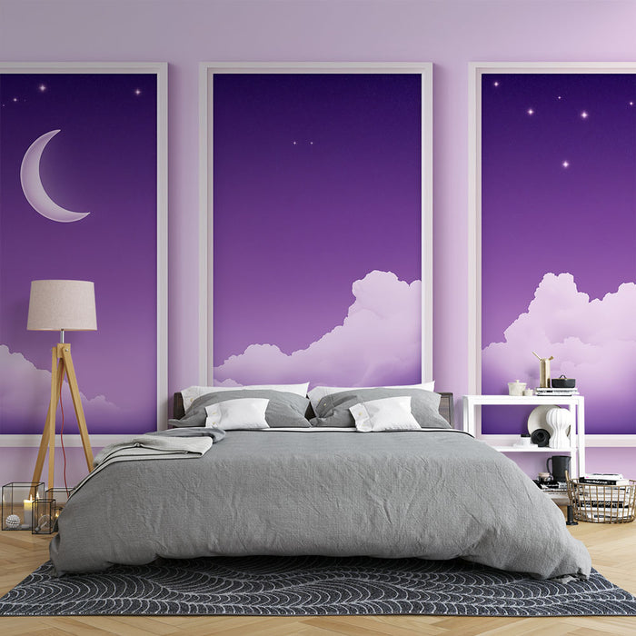 Une chambre moderne avec un papier peint dégradé violet illustrant des nuages et un croissant de lune, créant une atmosphère rêveuse et apaisante.