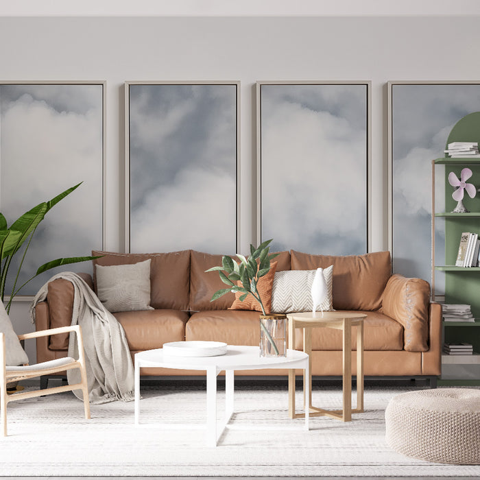 Un salon moderne avec un papier peint représentant des nuages doux dans des teintes de bleu et de blanc, créant une atmosphère apaisante et aérienne.